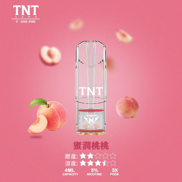 新鮮水蜜桃與粉嫩煙霧環繞的TNT煙彈